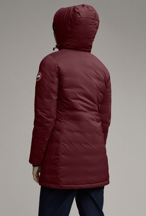 Maroon hooded jacket with brand badge on the sleeve.