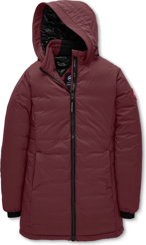 Burgundy hooded down coat with black zipper.