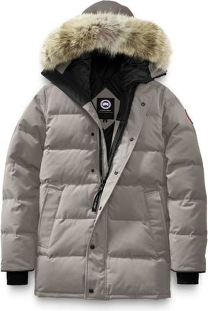 Gray down parka with a fur-trimmed hood, black collar and cuffs, and button and zipper closures.