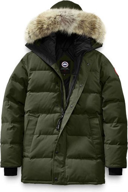 Olive green puffer jacket with fur-trimmed hood.