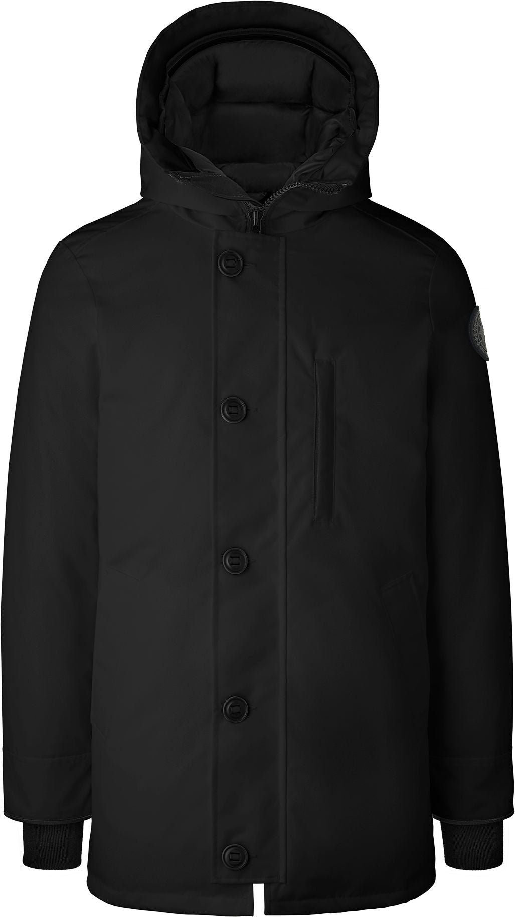 Black hooded parka with button closure.