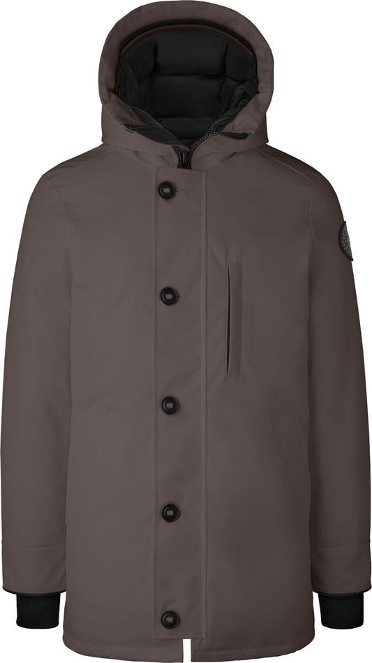 Taupe parka with a hood, button closure, and black cuffs.