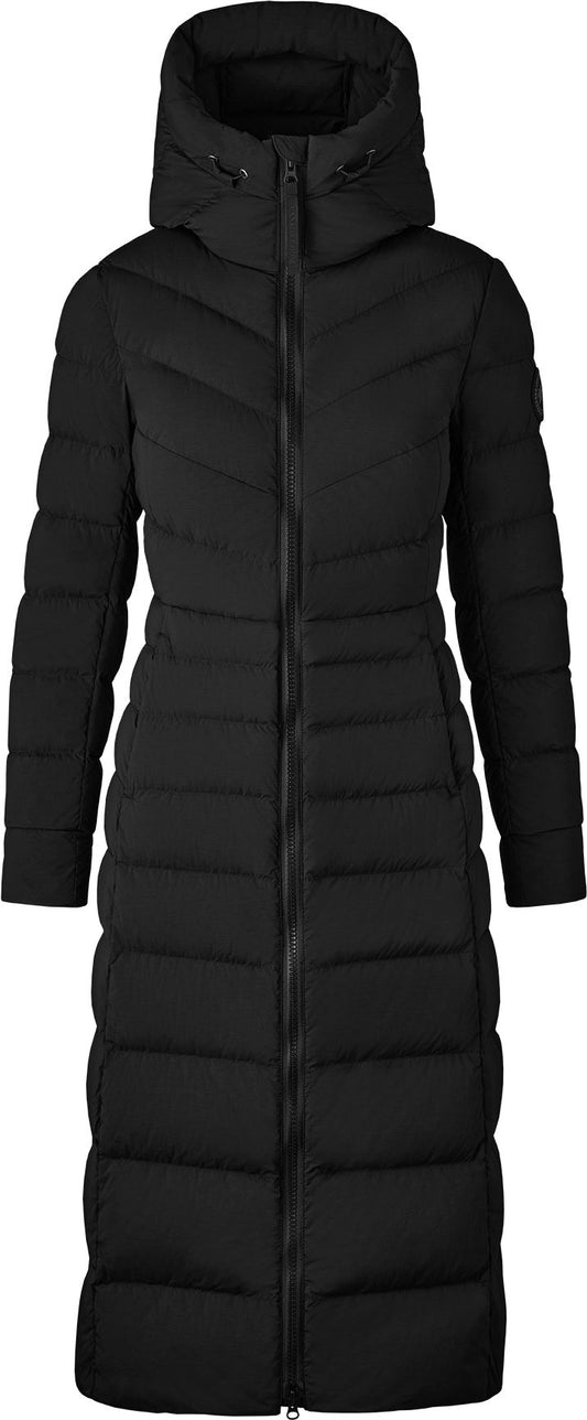 A long black puffer coat with a hood and a zipper down the front.