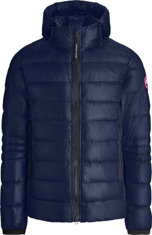 Navy blue hooded down jacket with a front zipper.