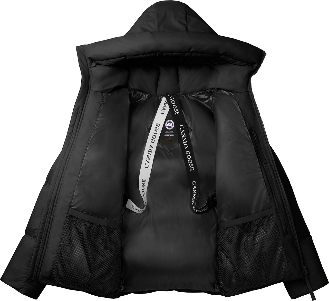 Open black puffer jacket with hood showing two mesh pockets and Canada Goose logo straps.