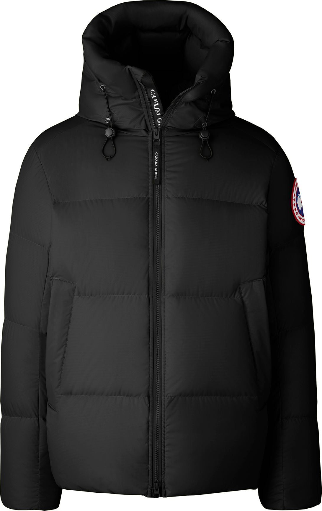 Black hooded puffer jacket with visible logo patch.