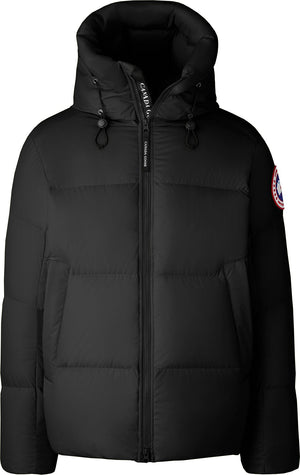 Black hooded puffer jacket with visible logo patch.