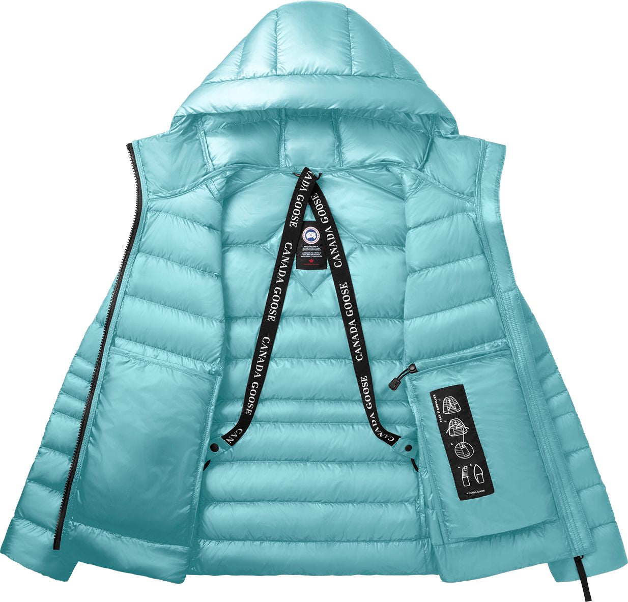 Open cyan hooded puffer vest with black logo straps and pocket.