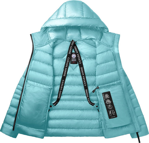 Open cyan hooded puffer vest with black logo straps and pocket.