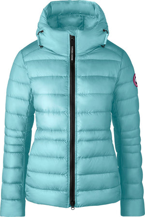 A lightweight, aqua blue puffer jacket with a high neck hood and a black zipper.