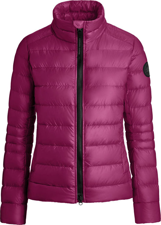 Fuchsia quilted jacket with a black zipper.