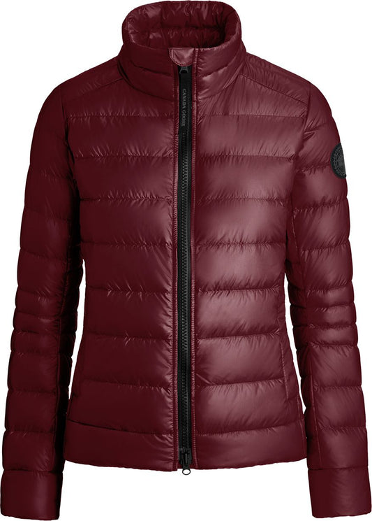 Maroon down-filled jacket with a full zip closure, a high collar, and a brand logo on the upper left sleeve.