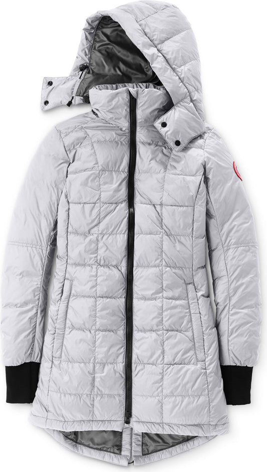 A light gray quilted down coat with a hood and a black zipper.