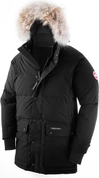 Black hooded winter parka with fur trim.