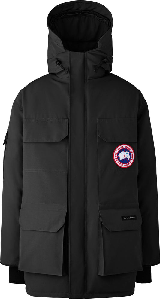 Black hooded winter coat with pockets and Canada Goose badge.