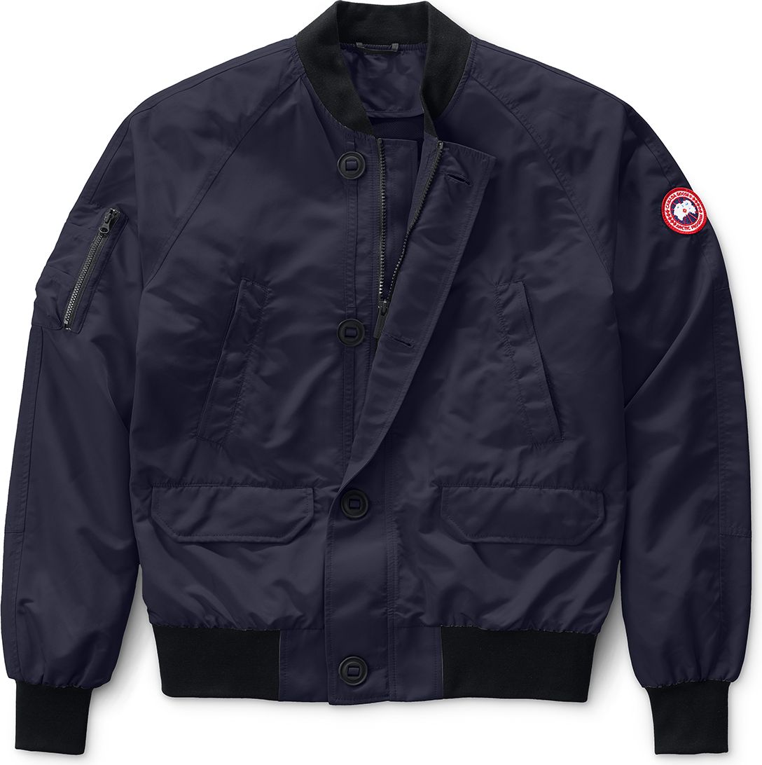 Navy blue bomber jacket with black collar and cuff. The front buttons up.