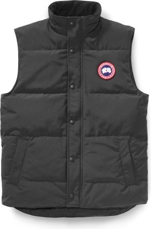 Black puffer vest with button closure and round logo.