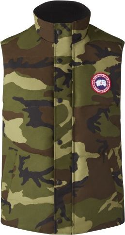 Camo green vest with a stand-up collar and the company’s circle logo on the upper right-hand side.