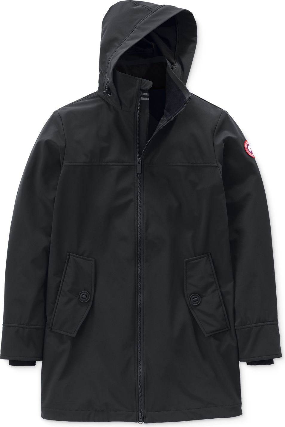 Black hooded parka with a front zipper and two pockets.