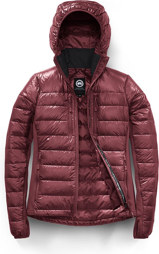 Maroon quilted hooded jacket with open zipper.