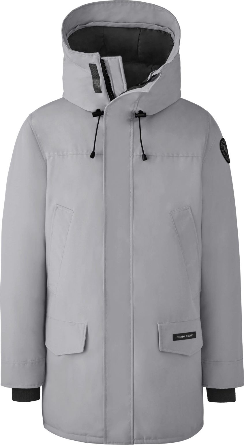 A long gray parka jacket with a hood, black accents on the cuffs, and front pockets.