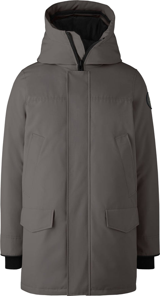 A mid-thigh length, gray winter parka with a large hood, front pockets, and black wrist gaiters.