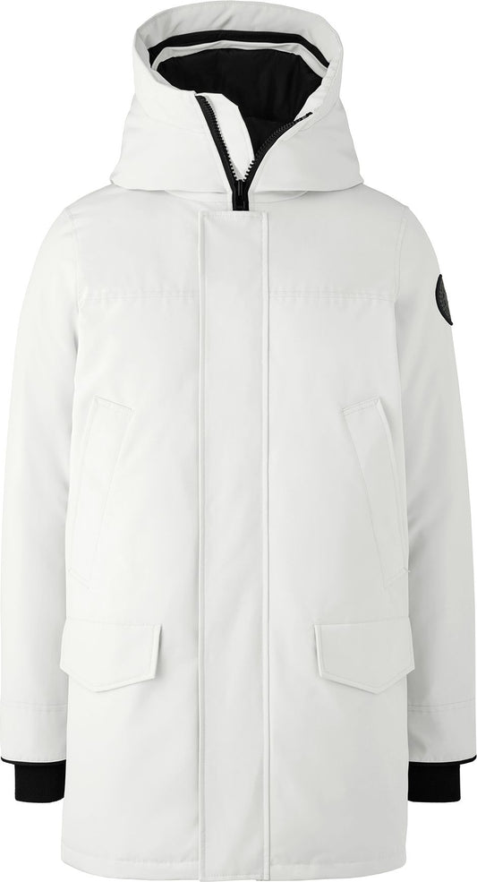 White parka-style winter coat with a black zipper and cuffs and two large rectangular pockets.