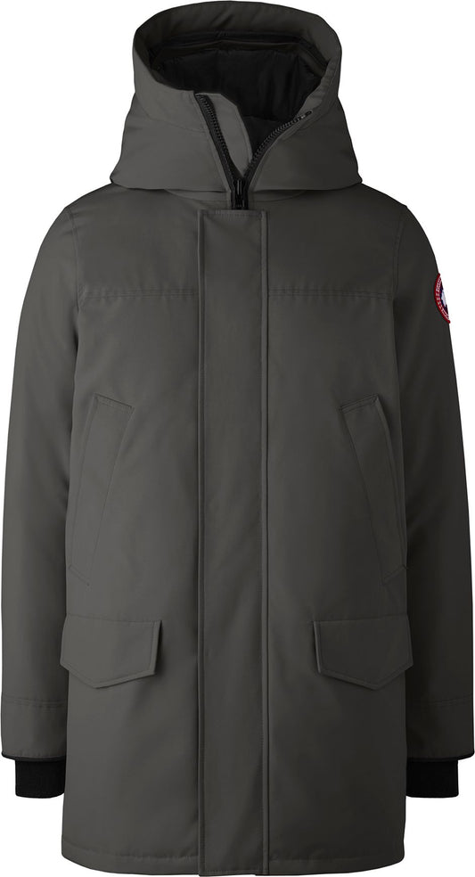 Front view of a graphite parka with a hood and two front pockets.