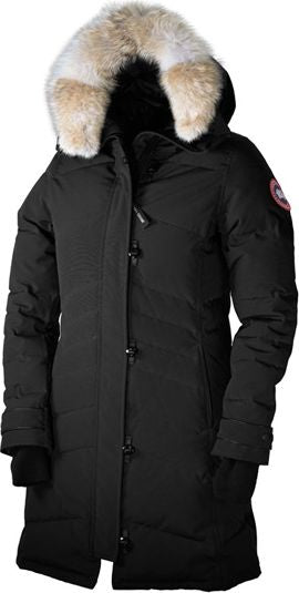 Black parka with fur-trimmed hood, long sleeves, and button closure.