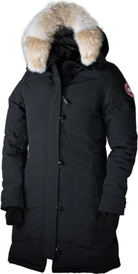 Black down coat with fur-trimmed hood, button-up front, and a round emblem on the sleeve.