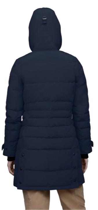 Back view of a navy blue down coat with a hood.