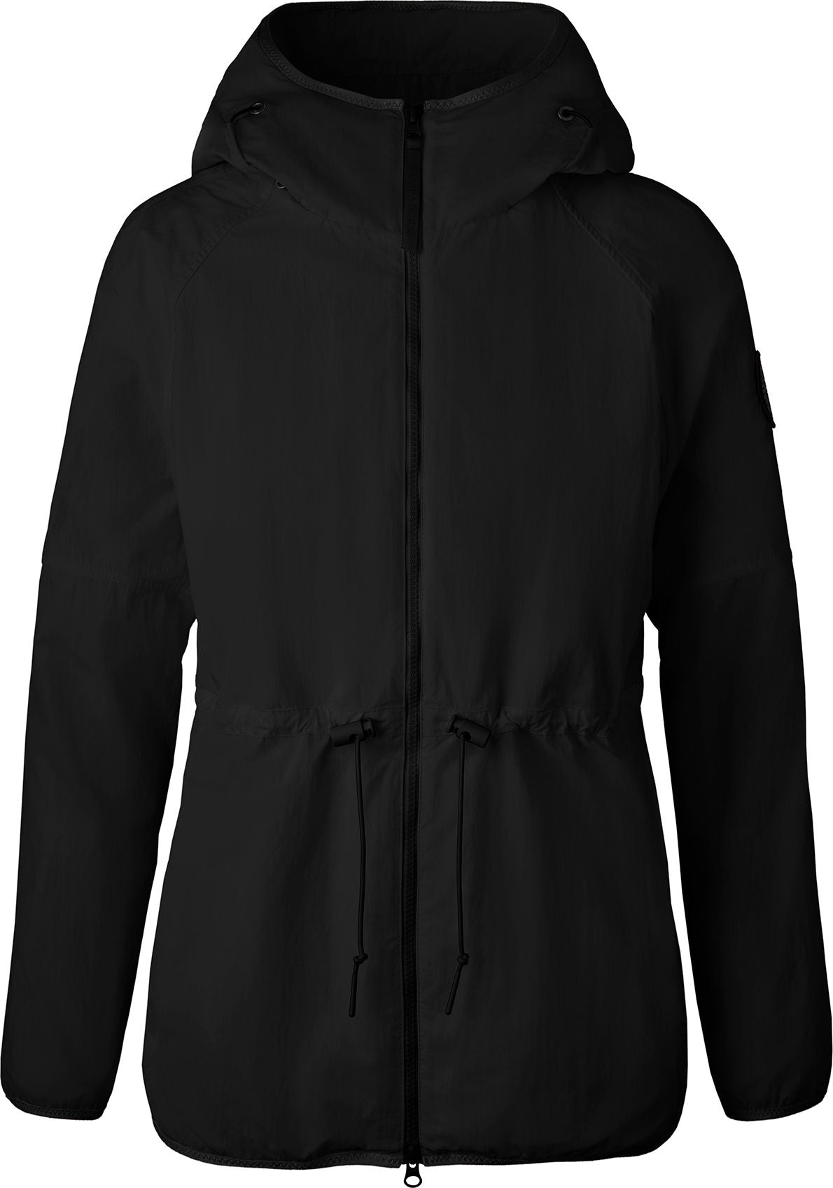 Black hooded jacket with drawstring waist and full zipper.