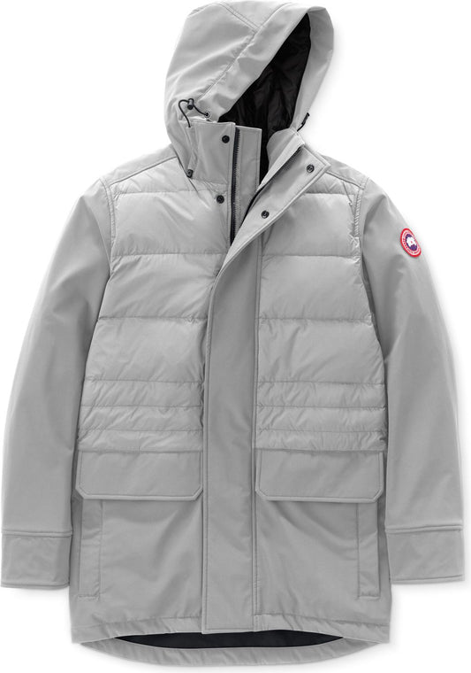 Light gray hooded parka with down filled chest, two large front pockets, and a red circular logo on the left shoulder.
