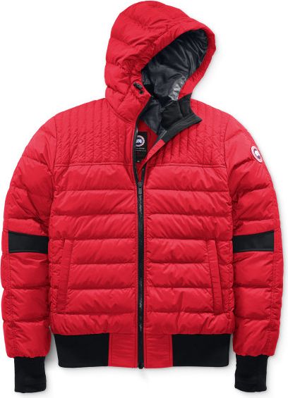 Red hooded puffer jacket with black stripes on the arms.