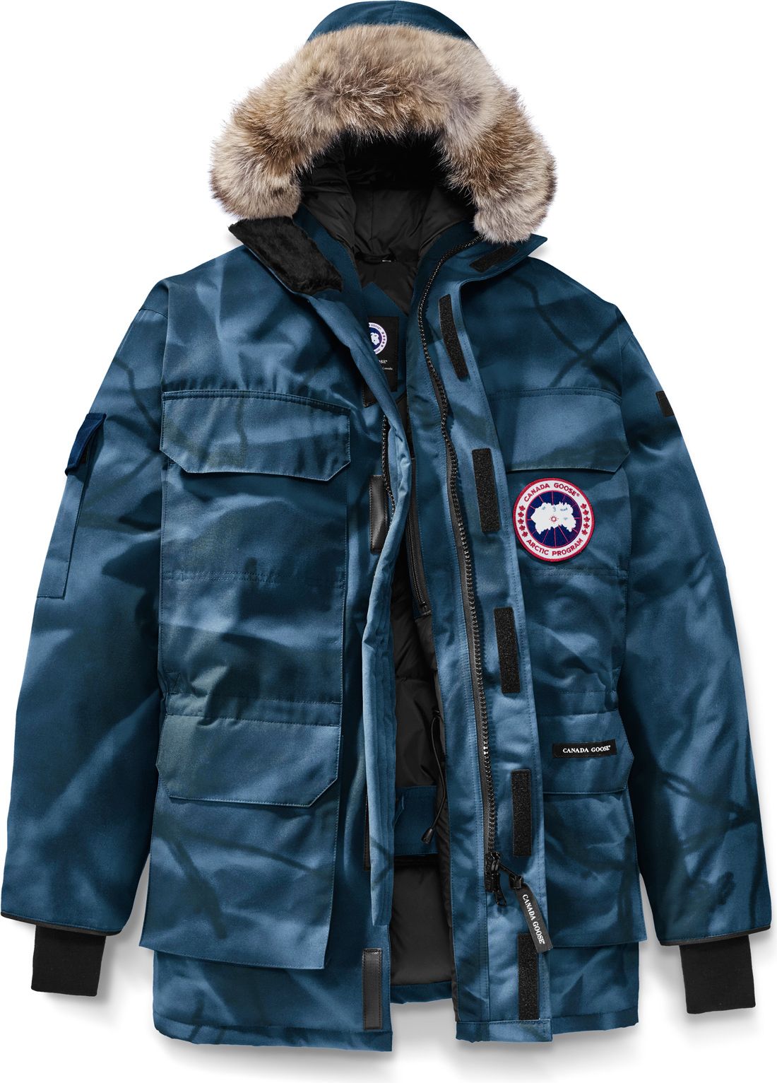 Open blue camouflage parka with fur-trimmed hood and multiple pockets.