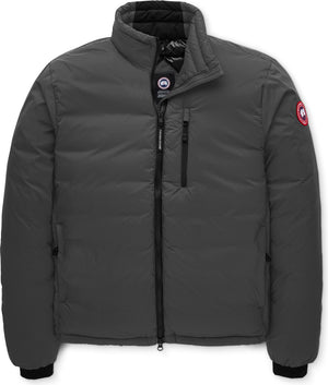 Gray down puffer jacket with a full-length zipper, zip chest pocket, mock neck, and circular logo patch on the upper left sleeve.