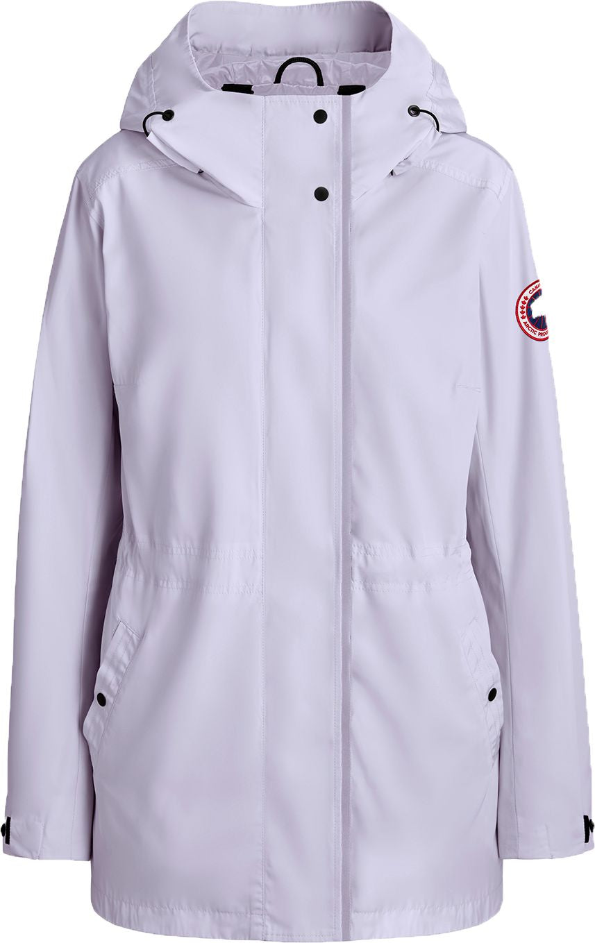 Light purple hooded jacket with drawstring waist and badge on sleeve.