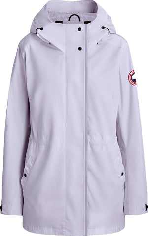 Light purple hooded jacket with drawstring waist and badge on sleeve.