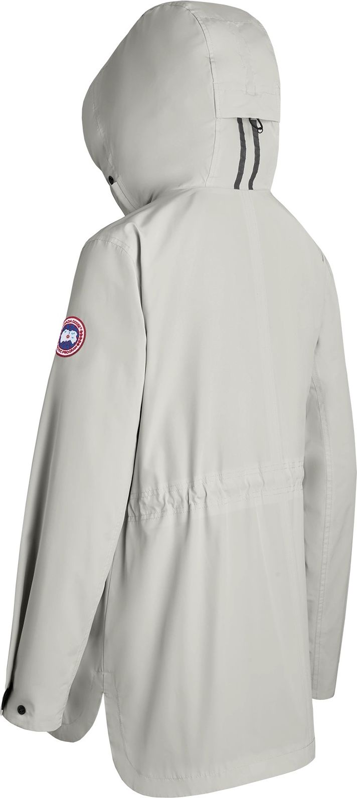 Light grey jacket with hood, logo on left sleeve, and adjustable drawstring at the waist.