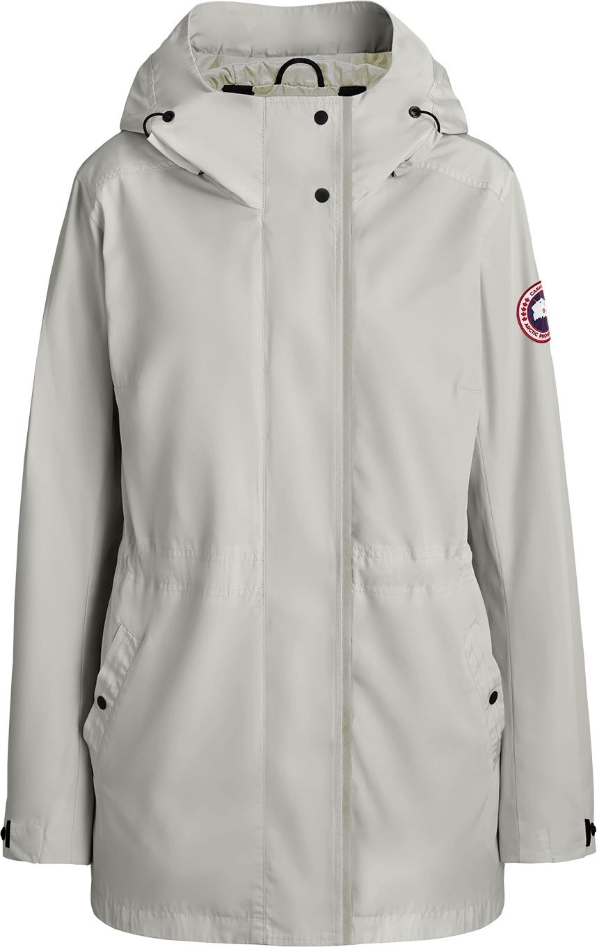 Gray jacket with a hood and logo on the sleeve.