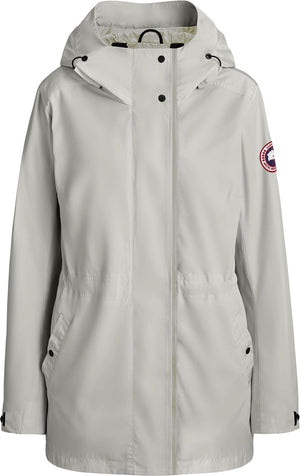 Gray jacket with a hood and logo on the sleeve.