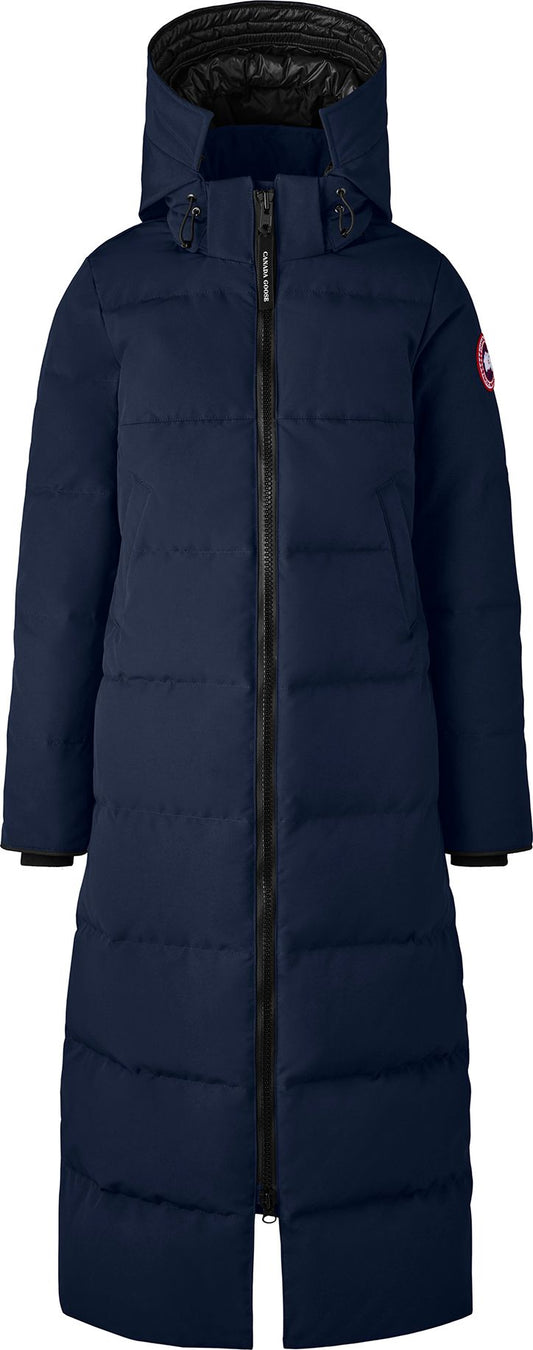 A long, navy blue puffer coat with a hood.