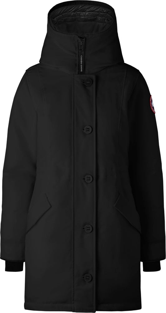 Black, buttoned parka with hood and logo patch on sleeve.