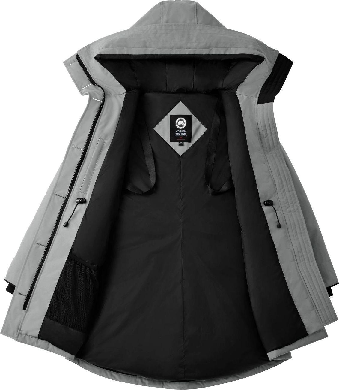 Open view of a gray, hooded raincoat with black lining and adjustable drawstrings.