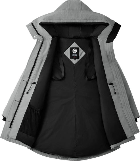 Open view of a gray, hooded raincoat with black lining and adjustable drawstrings.