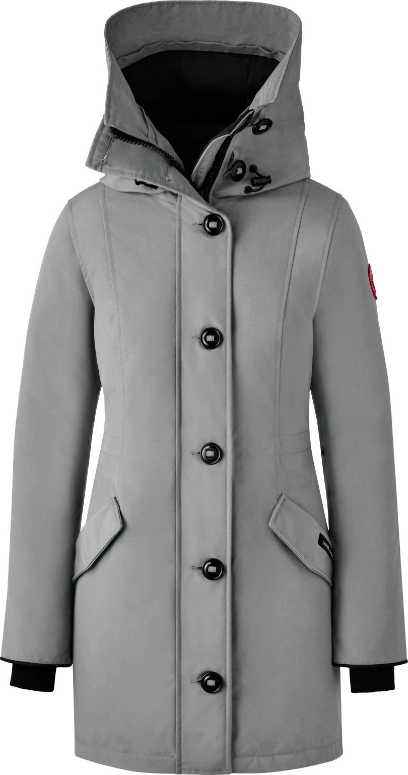 Gray parka with large buttons and hood.