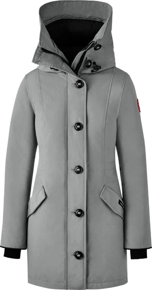 Gray parka with large buttons and hood.