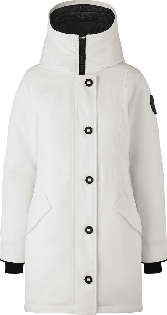 White hooded parka with black accents and button closure.