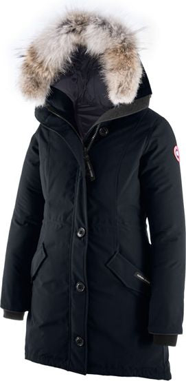A black, hooded parka with a fur-lined hood and button closures.