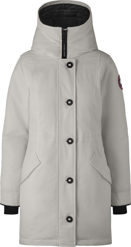 White hooded jacket with black buttons and black zip.